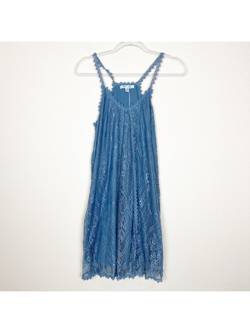 She & Sky Womens Small Blue Floral Lace Overlay Boho Slip Dress